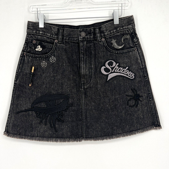 Marc Jacobs Denim Skirt Womens 29 Punk Patches Embroidered Black Goth Grunge